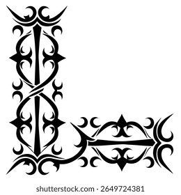 Ornate Tribal Corner Design Element with Decorative Swirls and Sharp Points in Black and White