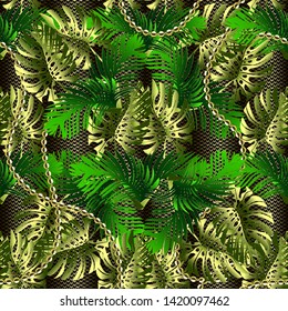 Ornate tropic leaves 3d vector seamless pattern. Lace ornamental jewelry background. Repeat leafy modern backdrop. Tropical plants, palm leaves. Exotic green floral ornament with gold beads, gemstones