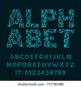 Ornate typeface. Ornamental alphabet font. Effect letters and numbers on a swirl background. Stock vector typeset for your headers or any typography design.
