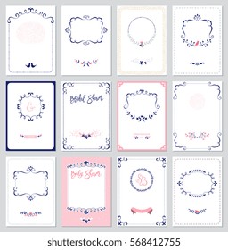 Ornate universal cards templates. Swirl frames, borders, floral wreaths and branches, birds and butterflies. Design for invitations, posters, placards, brochures and flyers.