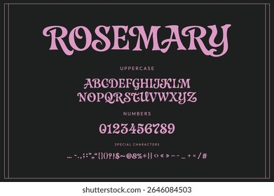 Ornate uppercase display font “ROSEMARY” featuring elegant serif capitals, numerals and symbols in soft pink on a charcoal backdrop.