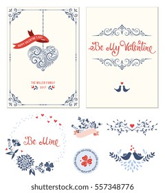Ornate Valentine's greeting cards set with typographic design, swirl heart shape, birds, sticker, banners, decorative frames and floral wreath. Vector illustration.