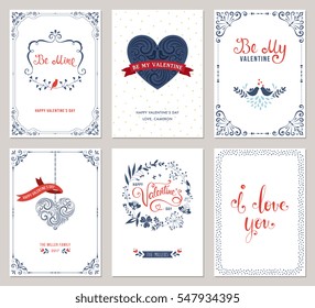 Ornate Valentine's greeting cards with typographic design, swirls, heart shape, birds and floral wreath. Vector illustration.