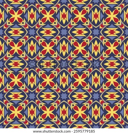 Ornate variegated lattice seamless pattern. Overlapping art forms, stripes, polygons, segments are grouped and arranged in a certain order. Vector. 