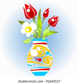 Ornate vase with flowers on a blue background.