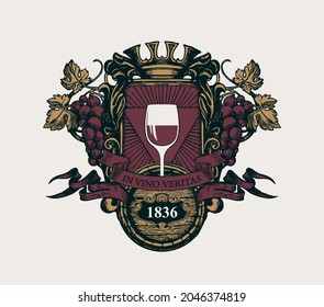 Ornate vector banner in form of an ancient coat of arms with a glass of wine, a crown, bunches of grapes, ribbons, wooden barrel and the words In vino veritas. Hand-drawn illustration in retro style