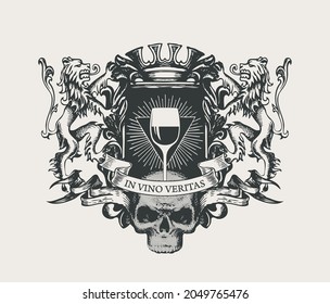 Ornate vector banner in form of an ancient coat of arms with a glass of wine, a crown, lions, ribbons, human skull and the words In vino veritas. Black and white hand-drawn illustration in retro style