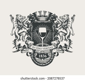 Ornate vector banner in the form of coat of arms with a glass of wine, a crown, lions, ribbons, a wooden barrel and the words In vino veritas. Black and white hand-drawn illustration in vintage style