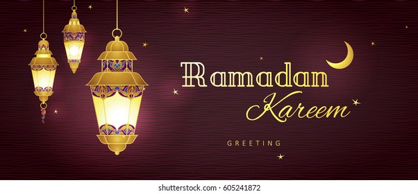 Ornate vector banner, golden vintage lanterns for Ramadan wishing. Arabic shining lamps. Decor in Eastern style. Islamic background. Ramadan Kareem greeting card, advertising, discount, poster.