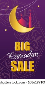 Ornate vector banner on purple background. Islamic backdrop.Ramadan Kareem greeting card, advertising, discount, poster. Big Sale. web banner with beautiful crescent moon and stars. 