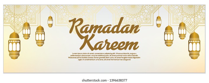 Ornate vector banner, vintage lanterns for Ramadan wishing. Arabic shining lamps. Outline golden decor in Eastern style. Islamic background.Ramadan Kareem greeting card