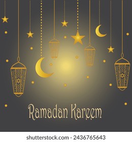 Ornate vector banner, vintage lanterns for Ramadan wishing. Arabic shining lamps. Outline golden decor in Eastern style. Islamic background.Ramadan Kareem greeting card, advertising, discount, poster.