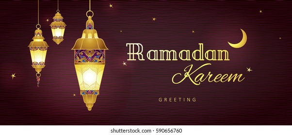 Ornate vector banner, vintage lanterns for Ramadan wishing. Arabic shining lamps. Decor in Eastern style. Islamic background. Template for Ramadan Kareem greeting card, advertising, discount, poster.