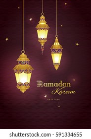 Ornate vector banner, vintage lanterns for Ramadan wishing. Arabic shining lamps. Decor in Eastern style. Islamic background. Ramadan Kareem greeting card, advertising, discount, poster. A4 page size.