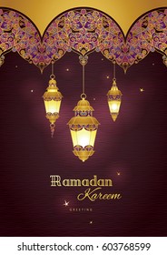 Ornate vector banner, vintage lanterns for Ramadan wishing. Arabic shining lamps. Golden decor in Eastern style. Islamic background. Ramadan Kareem greeting card, advertising, discount, poster.