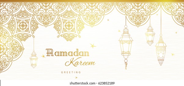 Ornate vector banner, vintage lanterns for Ramadan wishing. Arabic shining lamps. Outline golden decor in Eastern style. Islamic background.Ramadan Kareem greeting card, advertising, discount, poster.