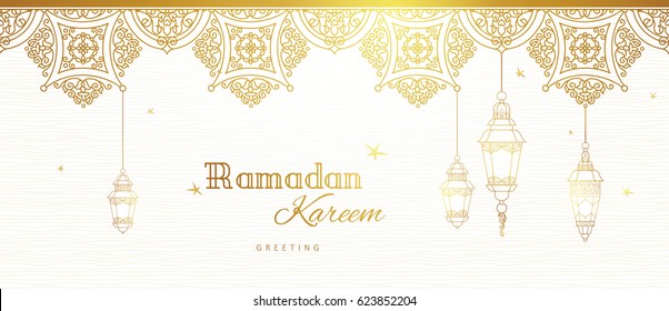 Ornate vector banner, vintage lanterns for Ramadan wishing. Arabic shining lamps. Outline golden decor in Eastern style. Islamic background.Ramadan Kareem greeting card, advertising, discount, poster.