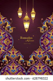 Ornate vector banner, vintage lanterns for Ramadan wishing. Arabic shining lamps. Decor in Eastern style. Islamic background. Ramadan Kareem greeting card, advertising, discount, poster. A4 page size.