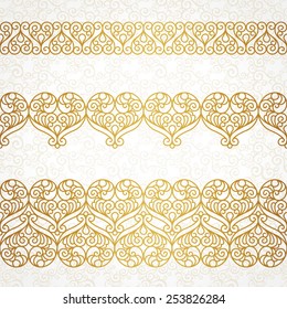 Ornate vector borders with hearts in line art style. Elegant element for design, place for text. Lace floral illustration for wedding invitations, greeting cards, Valentines cards. Outline frames.