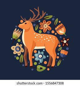 Ornate vector card with cute cartoon deer in a flat scandinavian style. Forest floral round postcard with fawn animal.