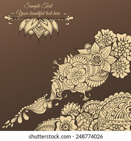 Ornate vector card template in Indian mehndi style. Hand drawn abstract background. Invitation, cards with mehndi elements. Floral ornament. Islam, arabic, indian, ottoman motifs. 