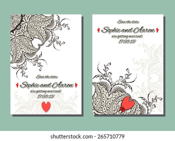 Ornate vector card template in Indian style. Hand drawn abstract background for wedding invitation, cards or something else with mehndi elements.
