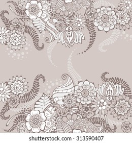 Ornate vector card template in Indian mehndi style. Hand drawn floral grey background. Invitation, cards with mehndi elements. Islam, arabic, indian, ottoman motifs. 