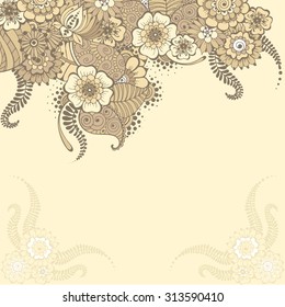 Ornate vector card template in Indian mehndi style. Hand drawn abstract background. Invitation, cards with mehndi elements. Floral ornament. Islam, arabic, indian, ottoman motifs. 