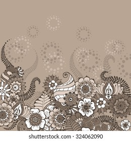 Ornate vector card template in Indian mehndi style. Background in coffee colors. Invitation, cards with mehndi elements. Floral ornament. Islam, arabic, indian, ottoman motifs. 