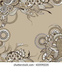 Ornate vector card template in Indian mehndi style. Hand drawn abstract background for invitation, cards or else. Floral ornament with islam, arabic, indian, ottoman motifs.