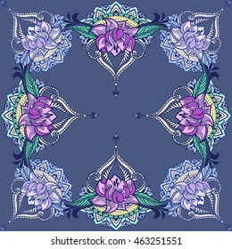 Ornate vector card template with lotuses. Hand-drawn abstract background. Vector floral ornament. Islam, arabic, indian, ottoman motifs. 