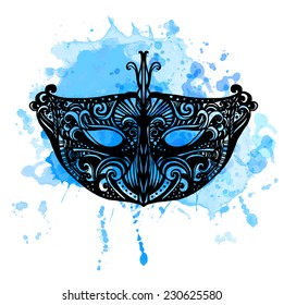 Ornate vector carnival mask at artistic violet splash ink background. Mardi gras mask.