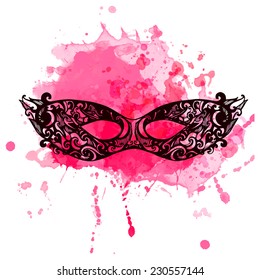 Ornate vector carnival mask at pink artistic splash ink background