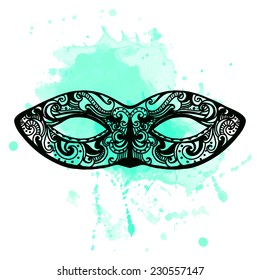 Ornate vector carnival mask at turquoise artistic splash ink background