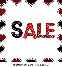 Ornate vector colorful elements frame. Picture in red, black and white colors. Seamless pattern. Lettering. Seasonal discounts set. Sale.