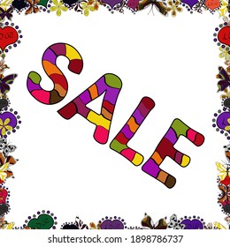 Ornate vector colorful elements frame. Seamless pattern. Sale. Seasonal discounts set. Picture in black, purple and white colors. Lettering.