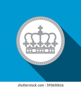 An ornate vector crown coin on a solid color background with a trendy long shadow.