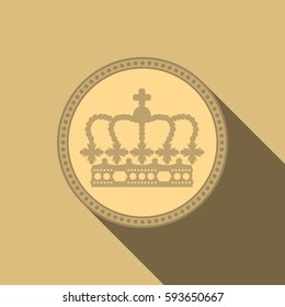 An ornate vector crown coin on a solid color background with a trendy long shadow.