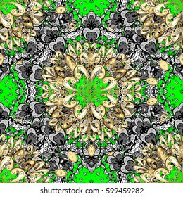 Ornate vector decoration. Damask gold green floral flower pattern background on vector.
