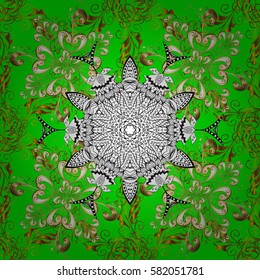 Ornate vector decoration. Damask pattern background for wallpaper design in the style of Baroque. Golden pattern on green background with golden elements.