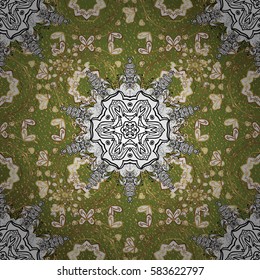 Ornate vector decoration. Damask pattern background for wallpaper design in the style of Baroque. Golden pattern on green background with golden elements.