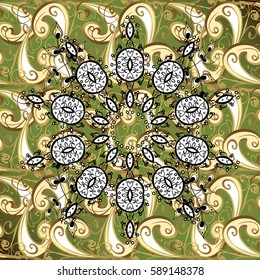 Ornate vector decoration. Damask pattern background for wallpaper design in the style of Baroque. Golden pattern on green background with golden elements.