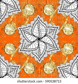 Ornate vector decoration. Damask pattern background for wallpaper design in the style of Baroque. Golden pattern on orange background with golden elements.
