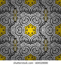 Ornate vector decoration. Damask pattern background for wallpaper design in the style of Baroque. Golden pattern on yellow background with golden elements.