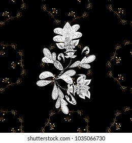 Ornate vector decoration. Golden element on black, white and gray colors. Luxury, royal and Victorian concept. Vintage baroque floral seamless pattern in gold over black, white and gray.