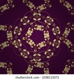 Ornate vector decoration. Golden element on purple, brown and yellow colors. Luxury, royal and Victorian concept. Vintage baroque floral seamless pattern in gold over purple, brown and yellow.