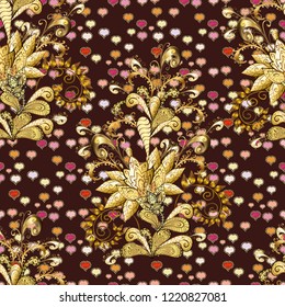Ornate vector decoration. Golden element on beige, yellow and brown colors. Vintage baroque floral seamless pattern in gold over beige, yellow and brown. Luxury, royal and Victorian concept.
