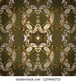 Ornate vector decoration. Golden element on brown and green colors. Vintage baroque floral seamless pattern in gold over brown and green. Luxury, royal and Victorian concept.