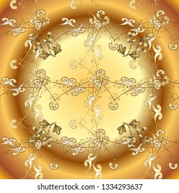 Ornate vector decoration. Golden element on yellow and brown colors. Luxury, royal and Victorian concept. Vintage baroque floral seamless pattern in gold over yellow and brown.