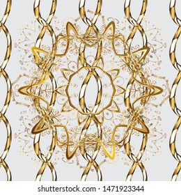 Ornate vector decoration. Golden element on gray and brown colors. Luxury, royal and Victorian concept. Vintage baroque floral seamless pattern in gold over gray and brown.